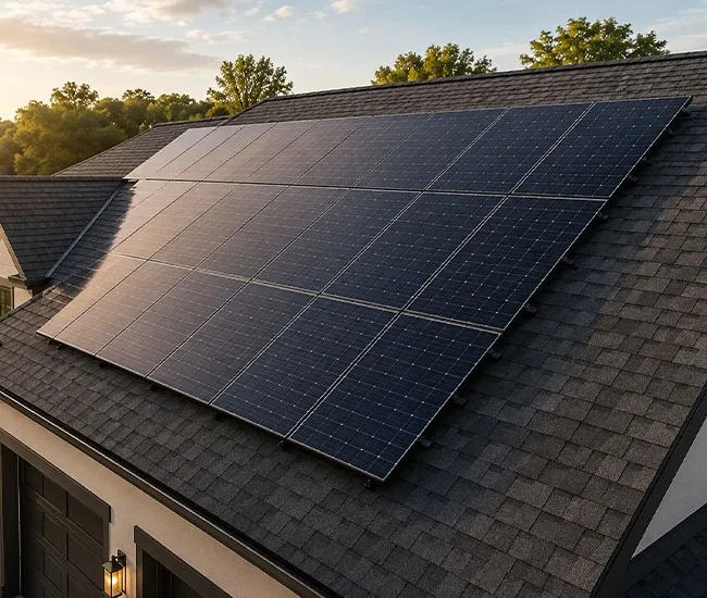 Fertig installierte Photovoltaikanlage bei Abendlicht
